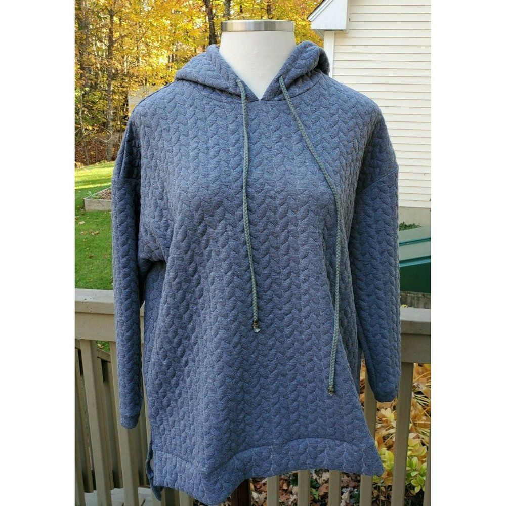 NEW Suzanne Betro Charcoal Gray Cable Knit Hi Low Casual Hooded Tunic Large NWT